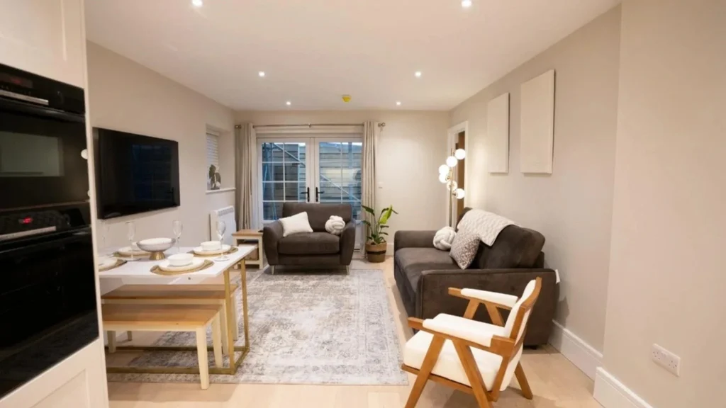 Spacious lounge in luxury accommodation Broadway Cotswolds featuring sofas, dining table, and modern amenities for a comfortable stay.