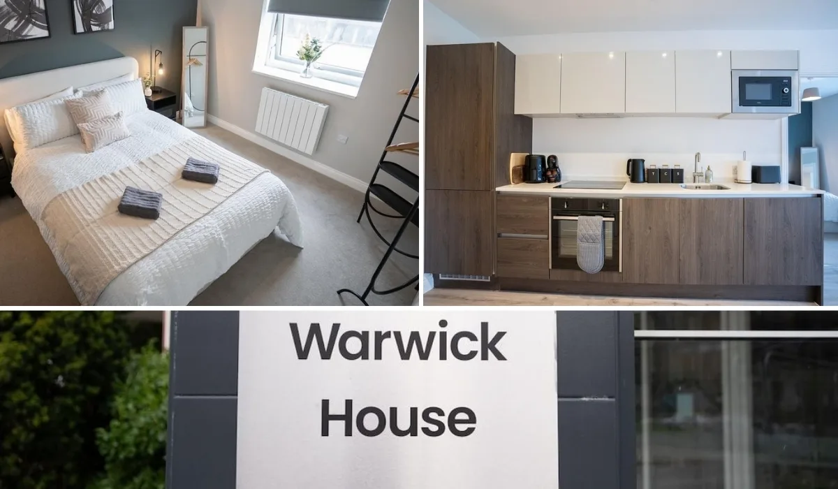 luxury serviced accommodation in solihul warwick house with all amenities, kitchen and bedroom.