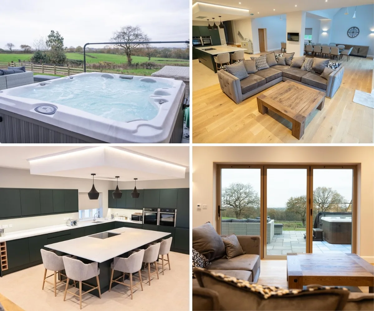 luxury rented accommodation birmingham Grange house with hot water tub, dinning tables, sofas, full of house amenities.