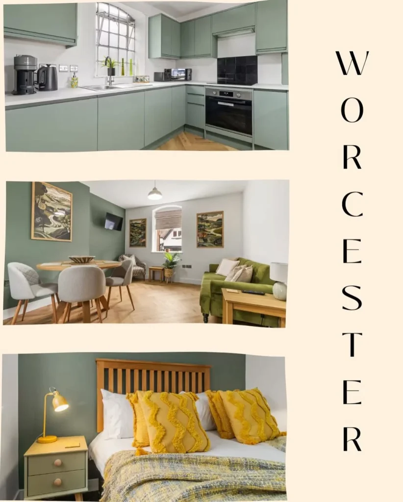 Comfortable and elegant bedroom in a luxury serviced apartment in Worcestershire, offering premium comfort and quality bedding.