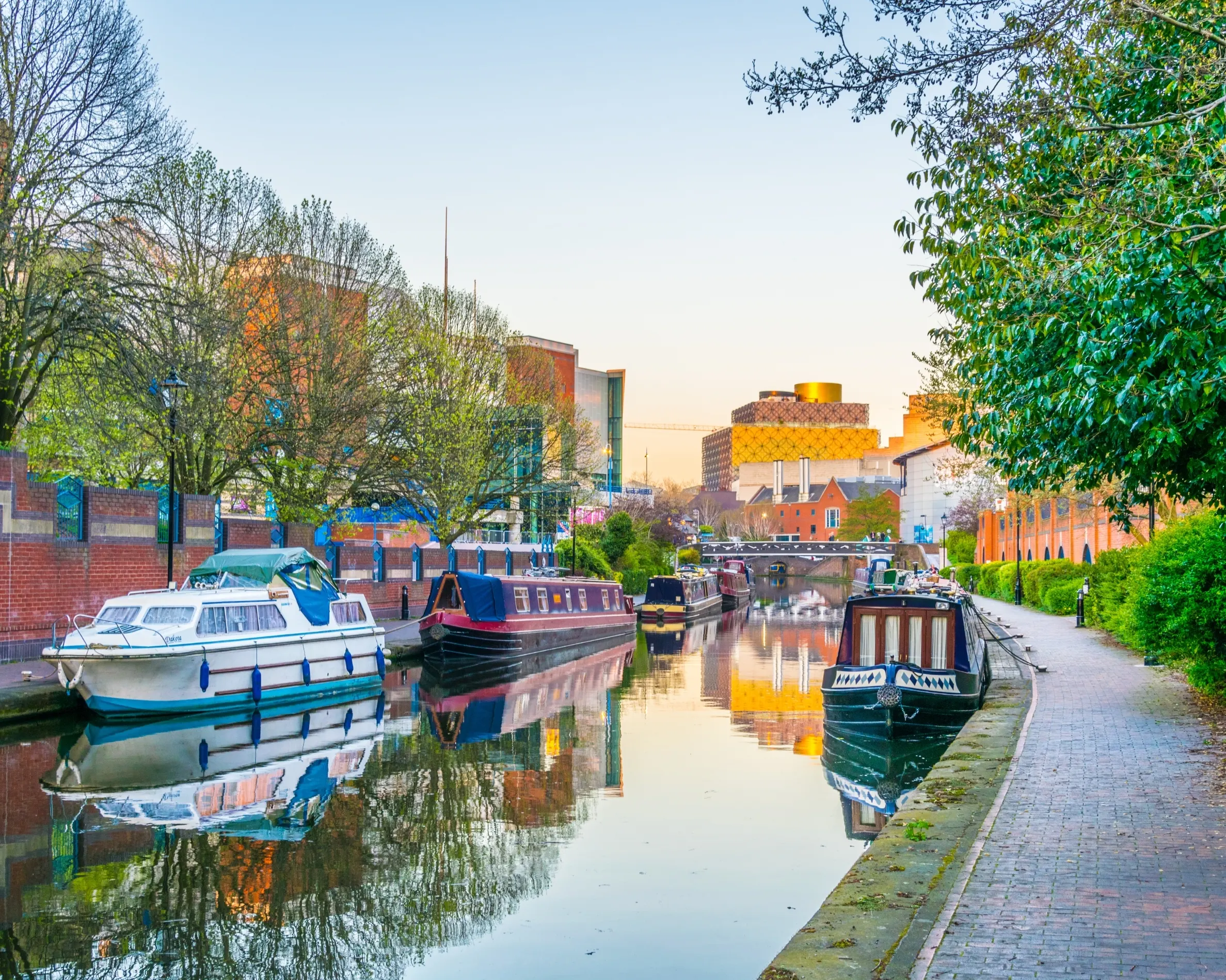 Beautiful historic buildings along Birmingham’s canals and rivers, showing classic architecture by the water.